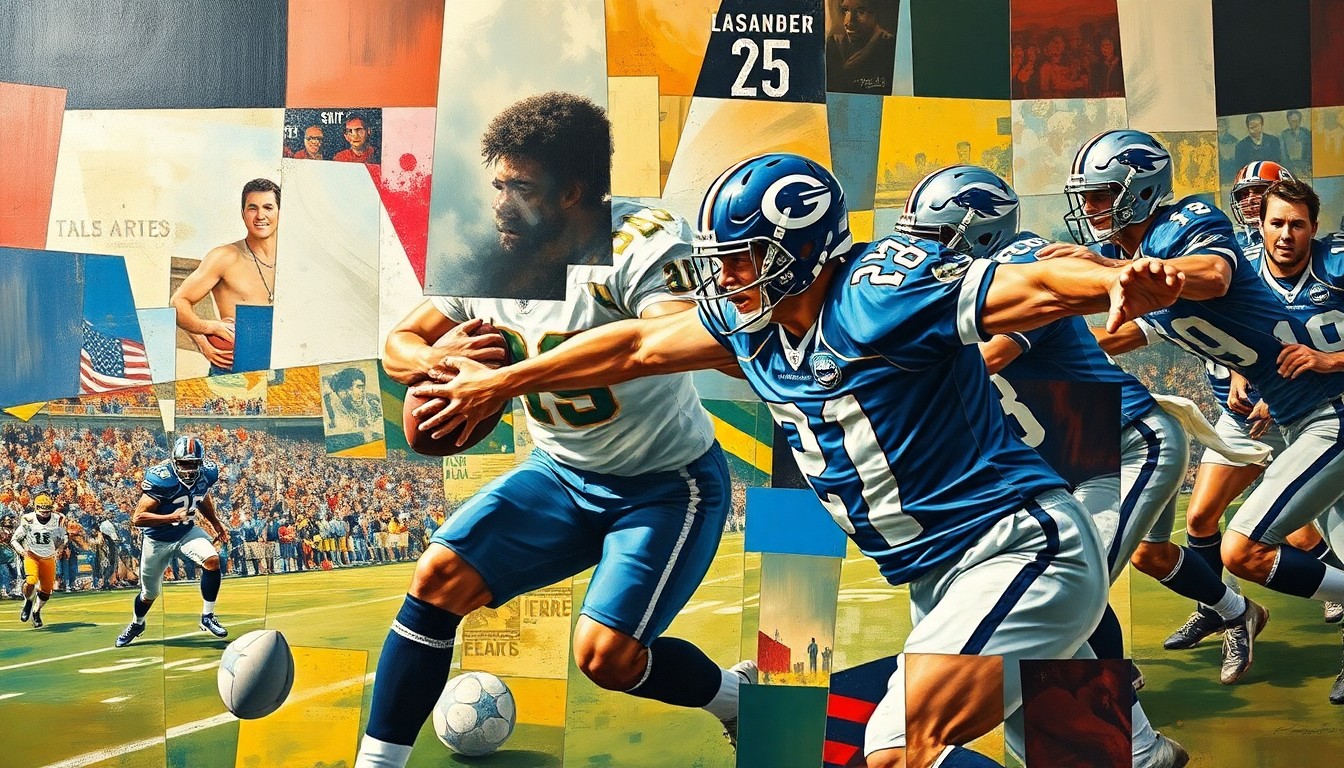 A fragmented, geometric painting depicting the raw motion and intensity of a football game, with the players' forms broken down into sharp, overlapping planes of color and shape.