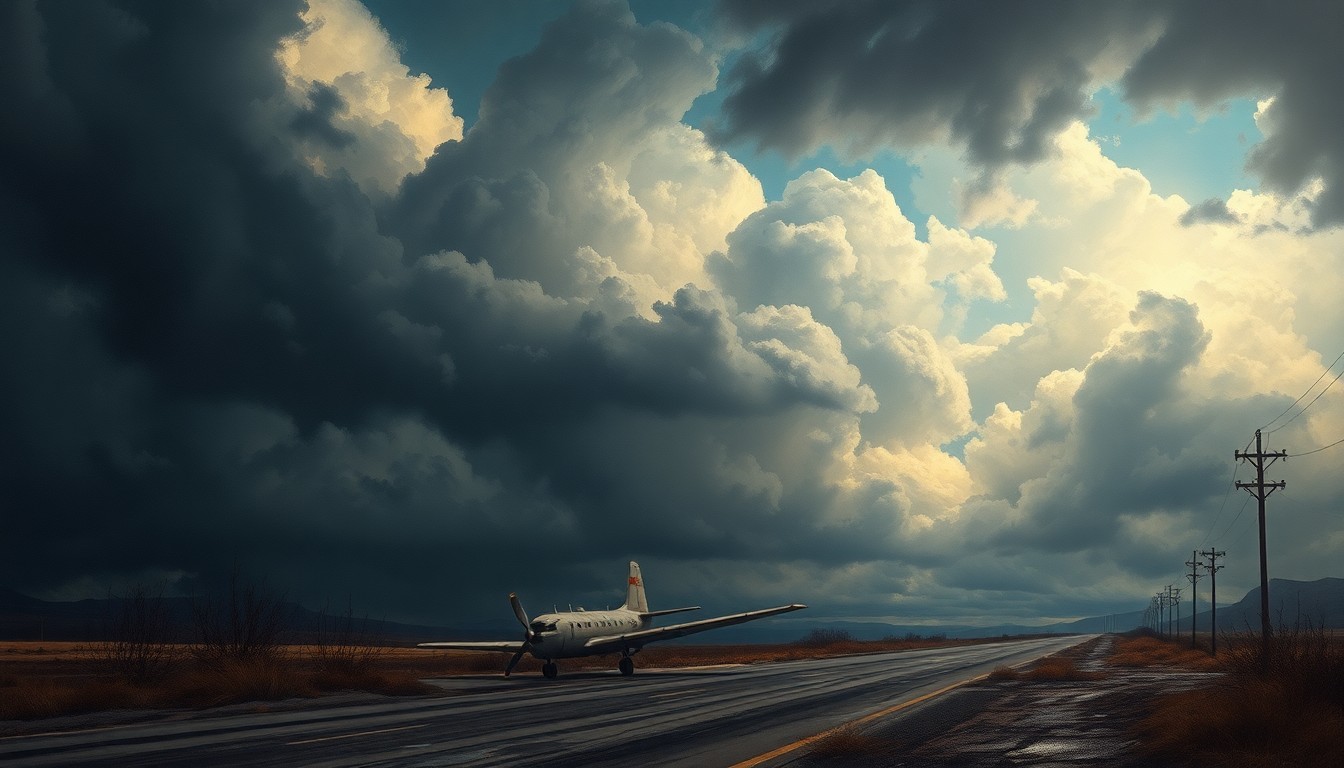 A dramatic, atmospheric landscape painting in muted tones of gray, blue, and green, with a small, damaged plane lying on a desolate street, dwarfed by the sweeping, ominous clouds above.