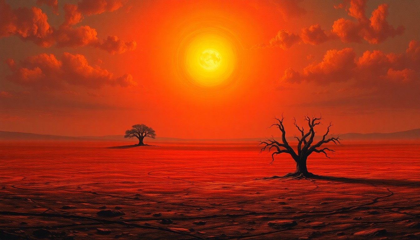 A vast, atmospheric landscape painting in muted earth tones, depicting a parched, desolate field under a blazing sun, with a single withered tree silhouetted against the horizon, conveying the overwhelming scale and melancholic mood of extreme heat and drought.
