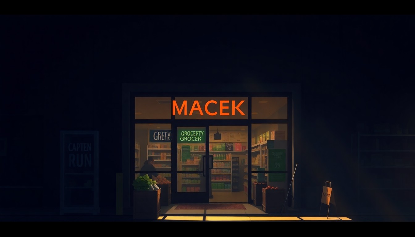 A serene, photorealistic painting of a simple grocery store entrance, with warm sunlight streaming in and long shadows cast across the sidewalk, conveying a sense of community and civic-minded purpose.