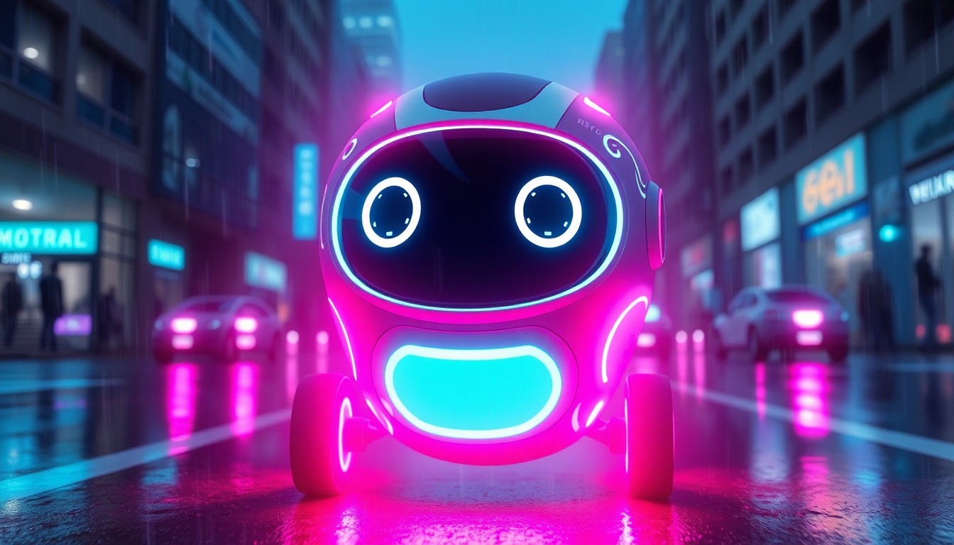 A highly detailed 3D illustration of a glowing, friendly-looking delivery robot navigating through a rainy urban environment, surrounded by neon lights that give it a high-tech, cybernetic appearance. The robot's round shape and expressive eyes convey a sense of approachability and emotional connection.