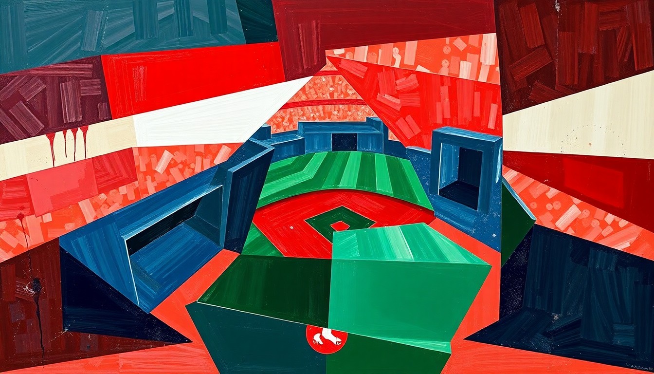 A fractured, cubist-style painting depicting a Red Sox baseball game or match, with sharp, overlapping geometric shapes in shades of red, blue, and green, conveying the energy and passion of the team's young players.