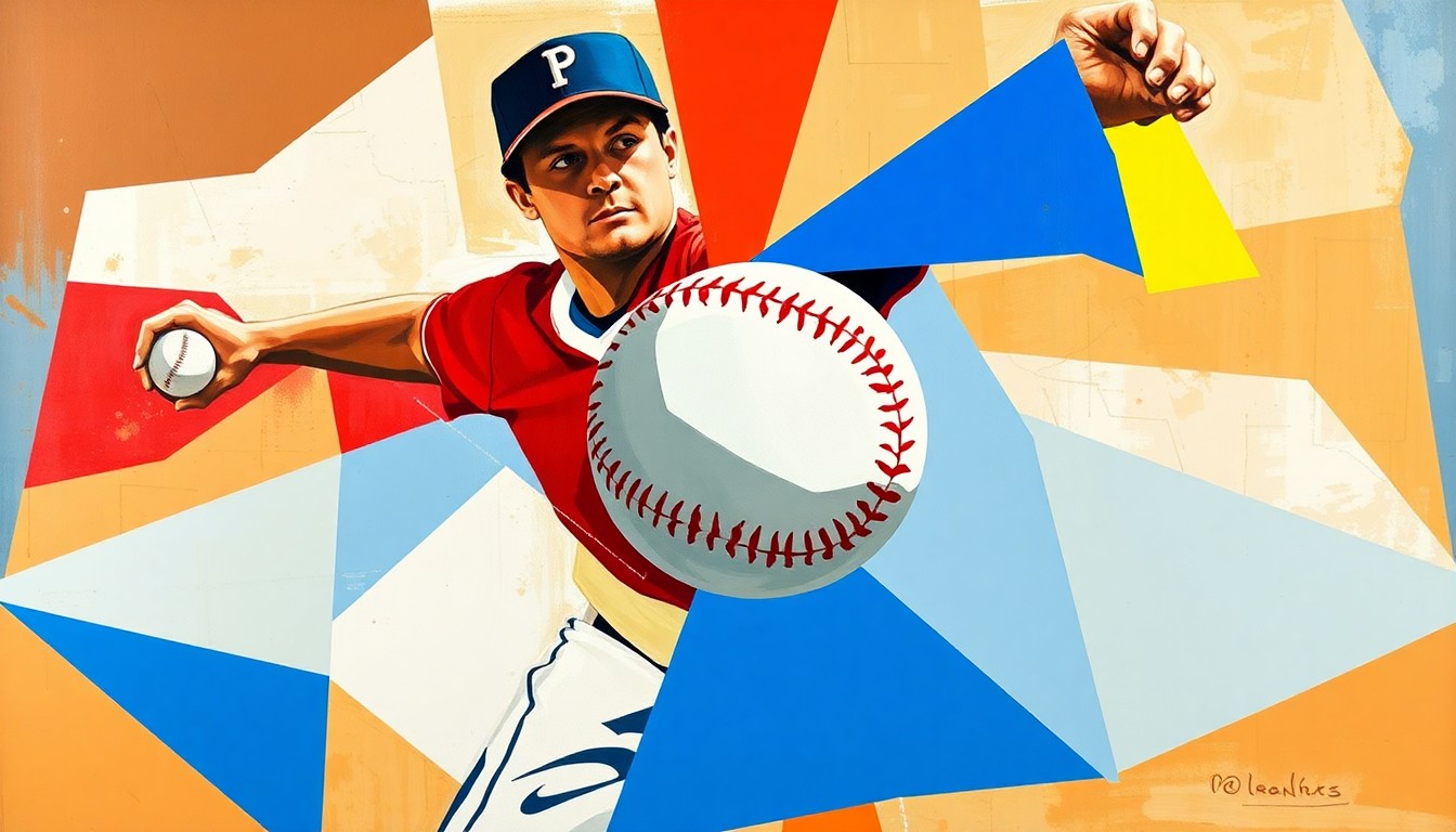 A fractured, geometric painting depicting a baseball pitcher's motion, with the ball as the central focus, conveying the intensity and drama of a high-stakes moment in the game.