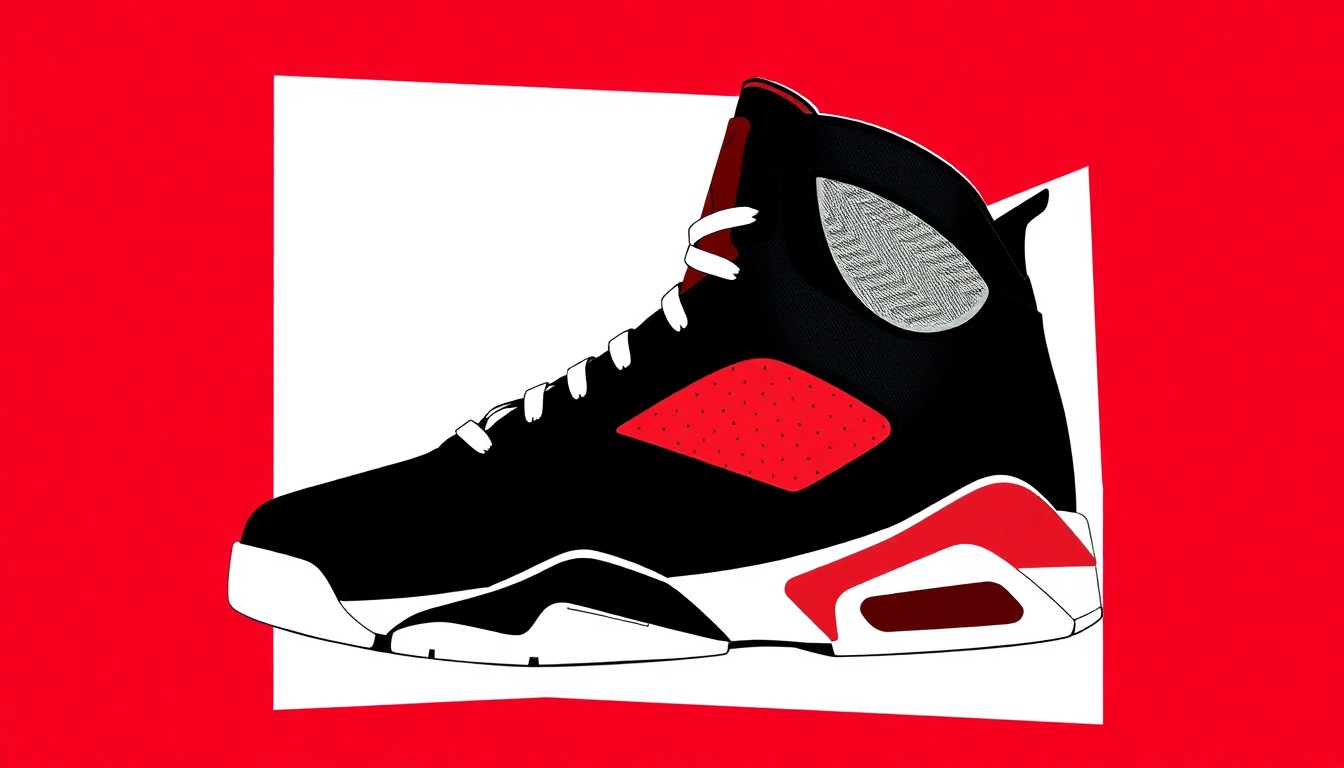 A minimalist, abstract illustration in the style of Saul Bass, featuring a bold, jagged silhouette of the Air Jordan 6 shoe in high-contrast black and white, with subtle hints of denim-inspired textures and patterns.