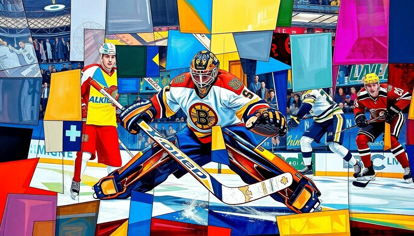 A cubist, geometric painting depicting a hockey goalie making a save, with the player's form broken down into sharp, overlapping planes of color representing the home and away teams.