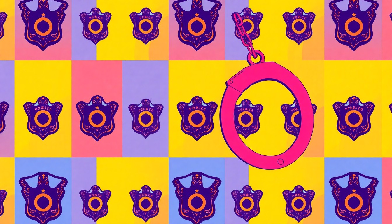 A brightly colored, high-contrast silkscreen print of a police badge repeated in a tight grid pattern, using vibrant neon colors and heavy black outlines to transform the everyday symbol into a modern pop art piece.