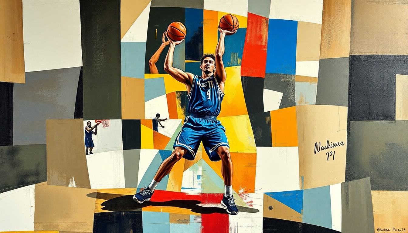 A cubist-style painting depicting a basketball player's defensive stance, with their body broken down into sharp, overlapping geometric shapes and planes, capturing the defensive energy and intensity of the game.
