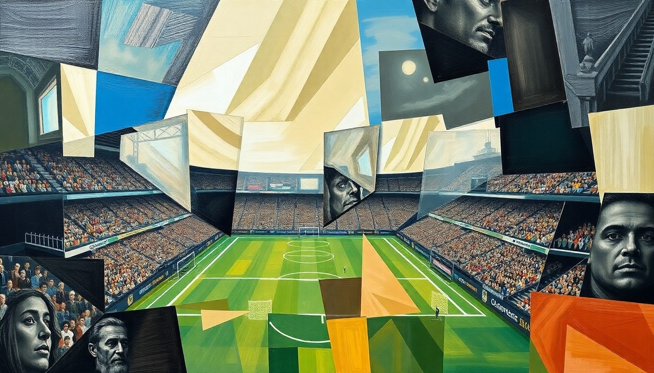 A cubist-style painting depicting a fragmented, geometric representation of a football game or match, with sharp, overlapping planes of color and form capturing the dynamic energy of the sport.
