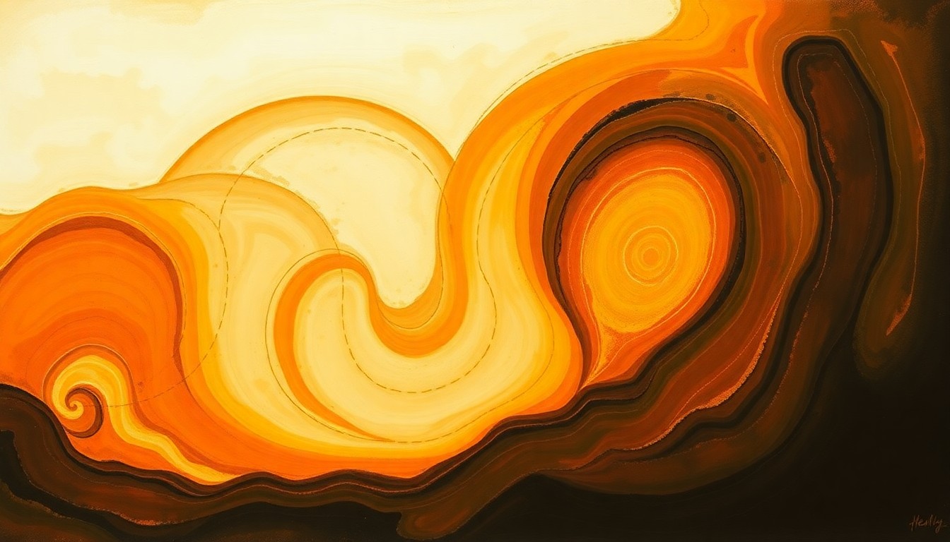 A bold, abstract painting in earthy tones depicting the cyclical, geometric patterns of Kilauea's lava fountaining eruptions over time, conveying the structural order and natural forces that have defined the volcano's eruptive history.