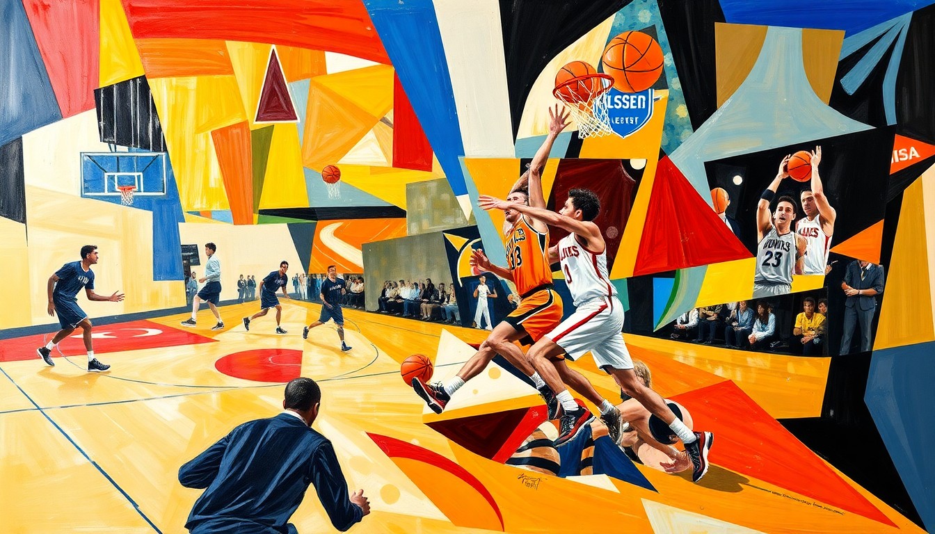 A cubist-style painting depicting the fragmented, multi-dimensional nature of a college basketball game, with players' forms broken down into geometric shapes and planes of color, capturing the sport's energy and movement.