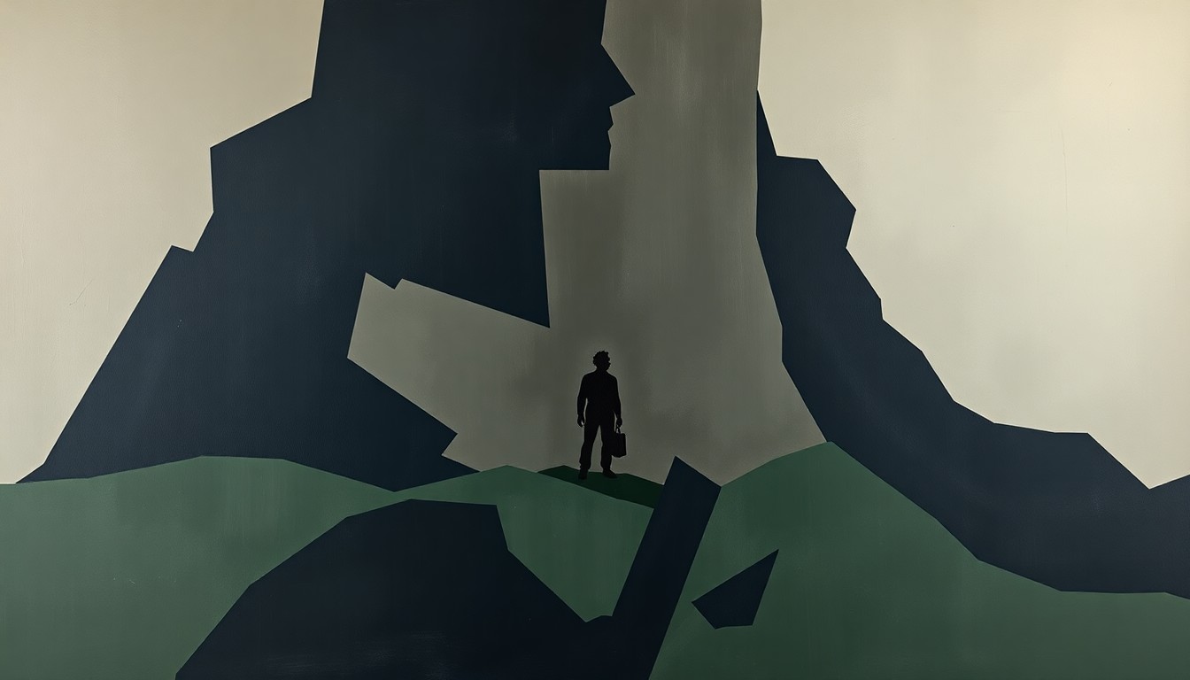 A dynamic, abstract painting in shades of grey, blue, and green, with fragmented, overlapping geometric shapes representing the complex political and human dimensions of the Chagos Islands conflict.