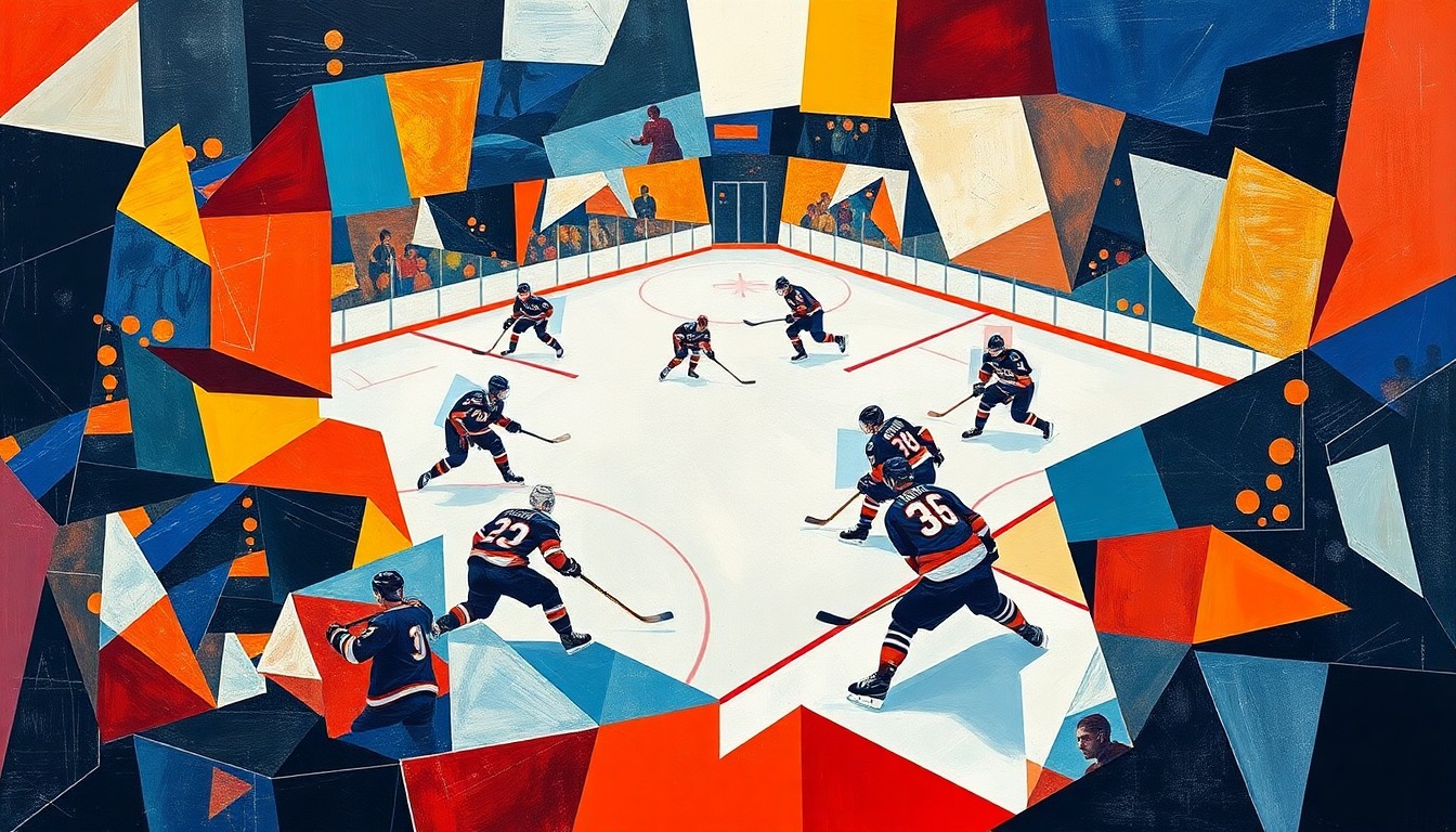 A fractured, geometric painting depicting a hockey game, with players and the ice rendered as abstract shapes and forms in vibrant colors, capturing the urgency and uncertainty of the Islanders' coaching shakeup.