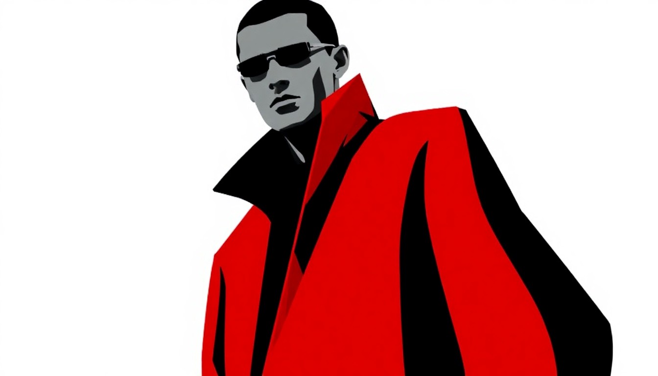 An abstract, minimalist illustration featuring bold, jagged geometric shapes in striking red and white, conceptually representing the innovative and boundary-pushing Ungaro Men's Fall 2026 Ready-to-Wear Collection.