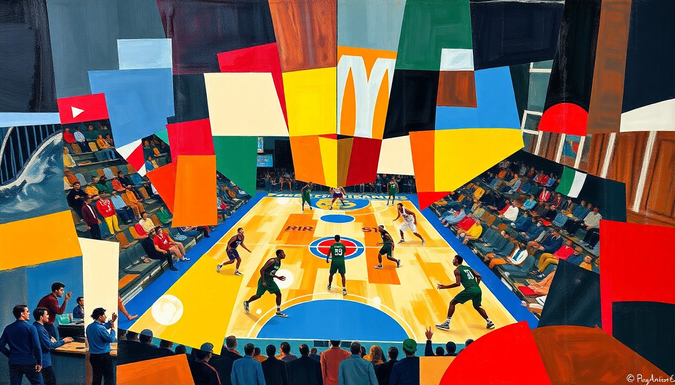 A cubist, geometric painting depicting a college basketball game, with sharp, overlapping planes of color representing the action on the court.