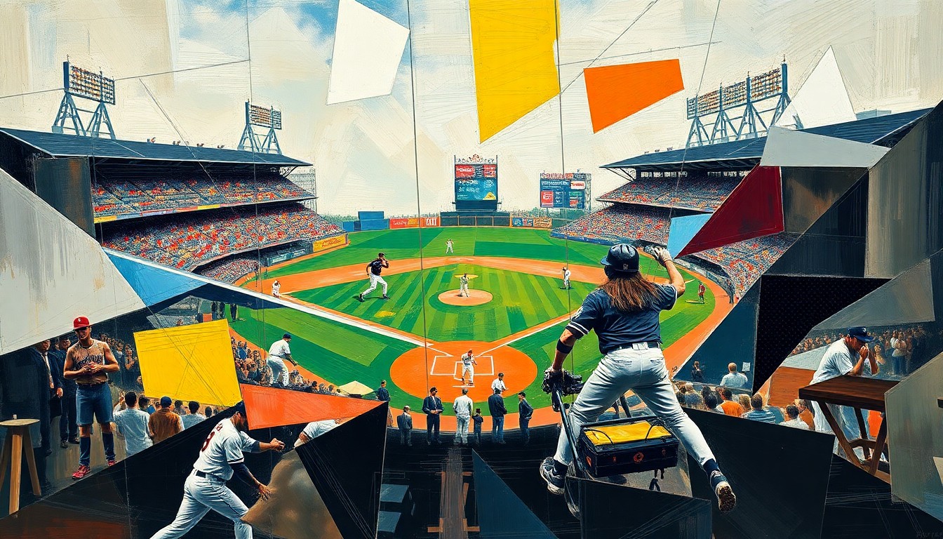 A cubist, geometric painting depicting the motion and energy of a baseball pitcher, with overlapping planes of color and form capturing the dynamic action of the sport.
