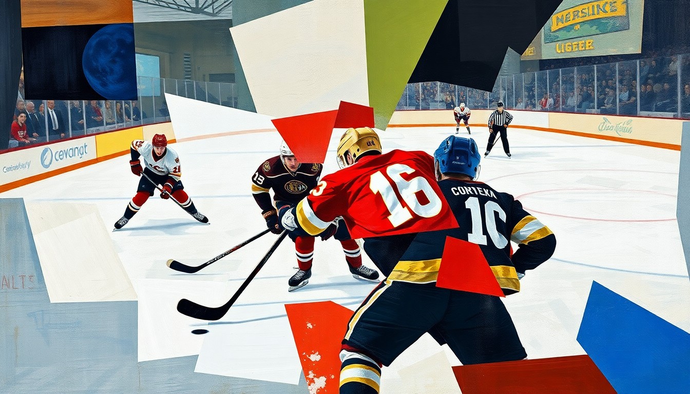 A cubist, fragmented painting depicting a hockey game, with the players and action broken down into sharp, overlapping geometric shapes and planes, capturing the energy and movement of the sport.