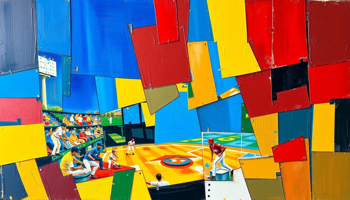 A cubist, geometric painting depicting a baseball player in motion, with their form broken down into sharp, overlapping planes of color, conveying the dynamic nature of the sport and the transition from player to executive.