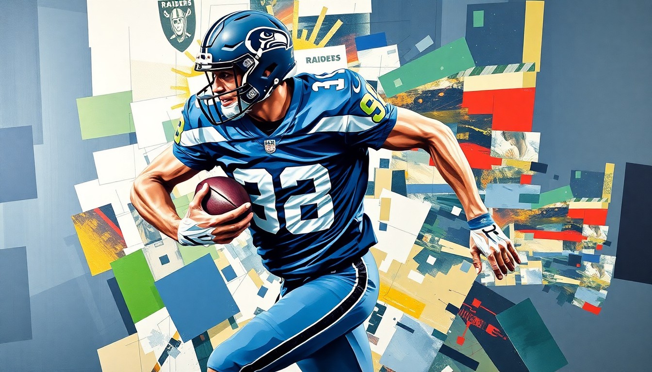 A fractured, cubist-style painting depicting a football player in motion, with sharp geometric planes in the official colors of the Seattle Seahawks and Las Vegas Raiders, conceptually representing the strategic decision-making behind the Seahawks' interest in the veteran running back.