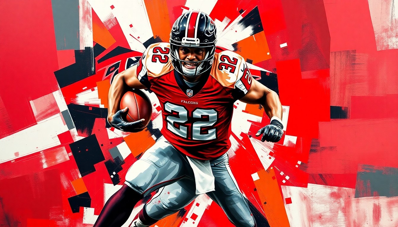 A fractured, cubist-style painting depicting a football player in motion, with sharp geometric planes in the Falcons' team colors of red, black, and white, conveying the strategic commitment to their young offensive centerpiece.