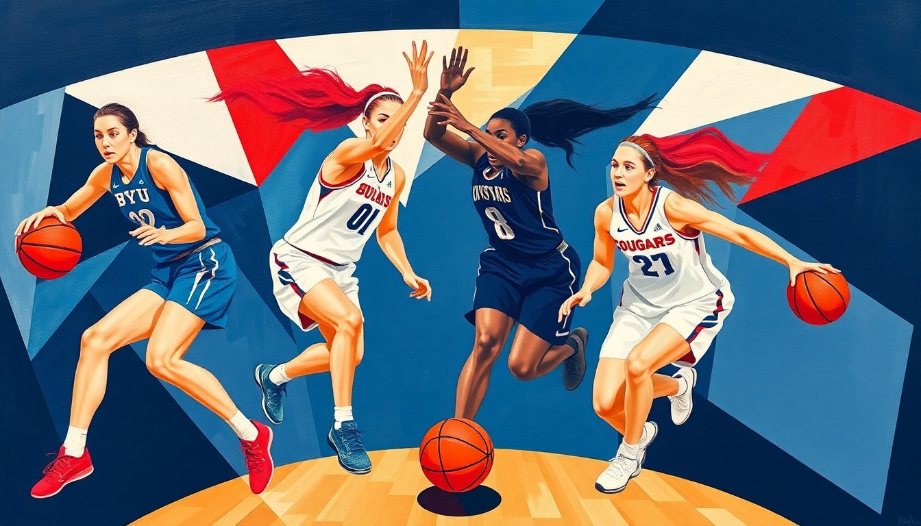 A fractured, geometric painting in vibrant shades of navy, white, and crimson, depicting the abstract forms of basketball players in motion, with the ball and court lines cutting through the composition to represent the Cougars' resilience and potential.