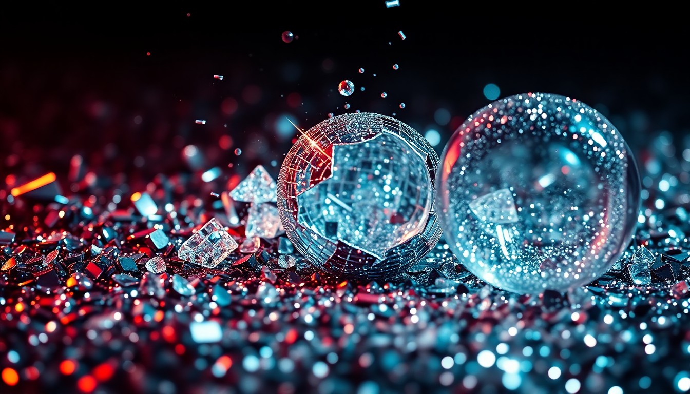 An extreme close-up photograph of shimmering sequins and shattered glass, capturing the glitz and energy of a music festival performance.