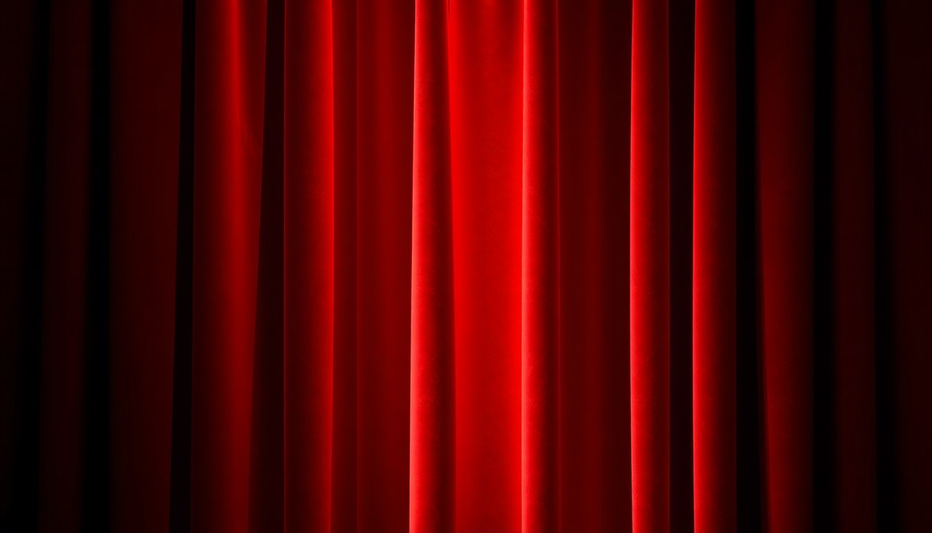 An abstract close-up photograph of a rich, velvety red curtain material, dramatically lit to create a sense of luxury and intimacy without showing any specific objects or people.