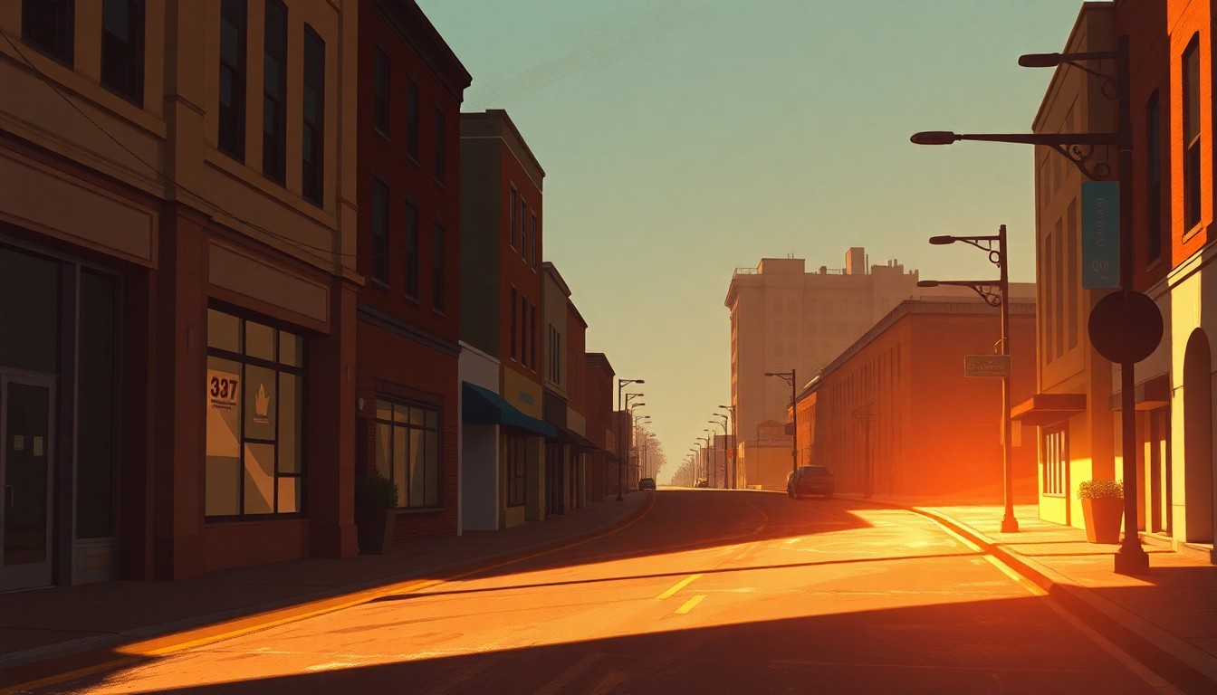 A serene, painterly scene of a deserted downtown Fort Collins street, with sunlight casting long shadows across the pavement and buildings, conveying a mood of quiet introspection as the city considers major policy decisions.