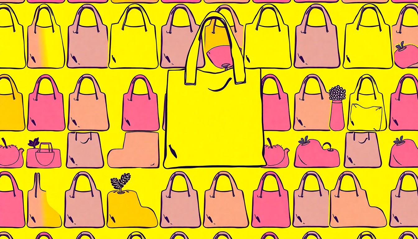 A brightly colored, high-contrast silkscreen print of a reusable grocery bag repeated in a tight grid pattern, conceptually representing the iconic lifestyle products and sustainable values of the Rainbow Grocery Cooperative.