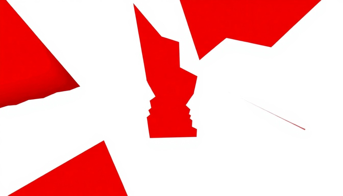 A striking abstract composition of jagged red and white geometric shapes, conceptually representing the dramatic tension and suspense of a soap opera storyline.