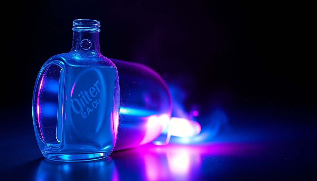 A highly detailed, glowing 3D illustration of a Molotov cocktail bottle, with neon cyan and magenta lights illuminating the glass and creating a sense of danger and violence.