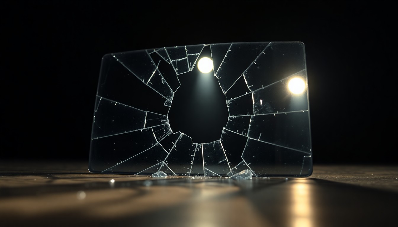 An abstract close-up image of a cracked and distressed mirror surface, reflecting a faint stage light, conveying a sense of fragility and uncertainty.
