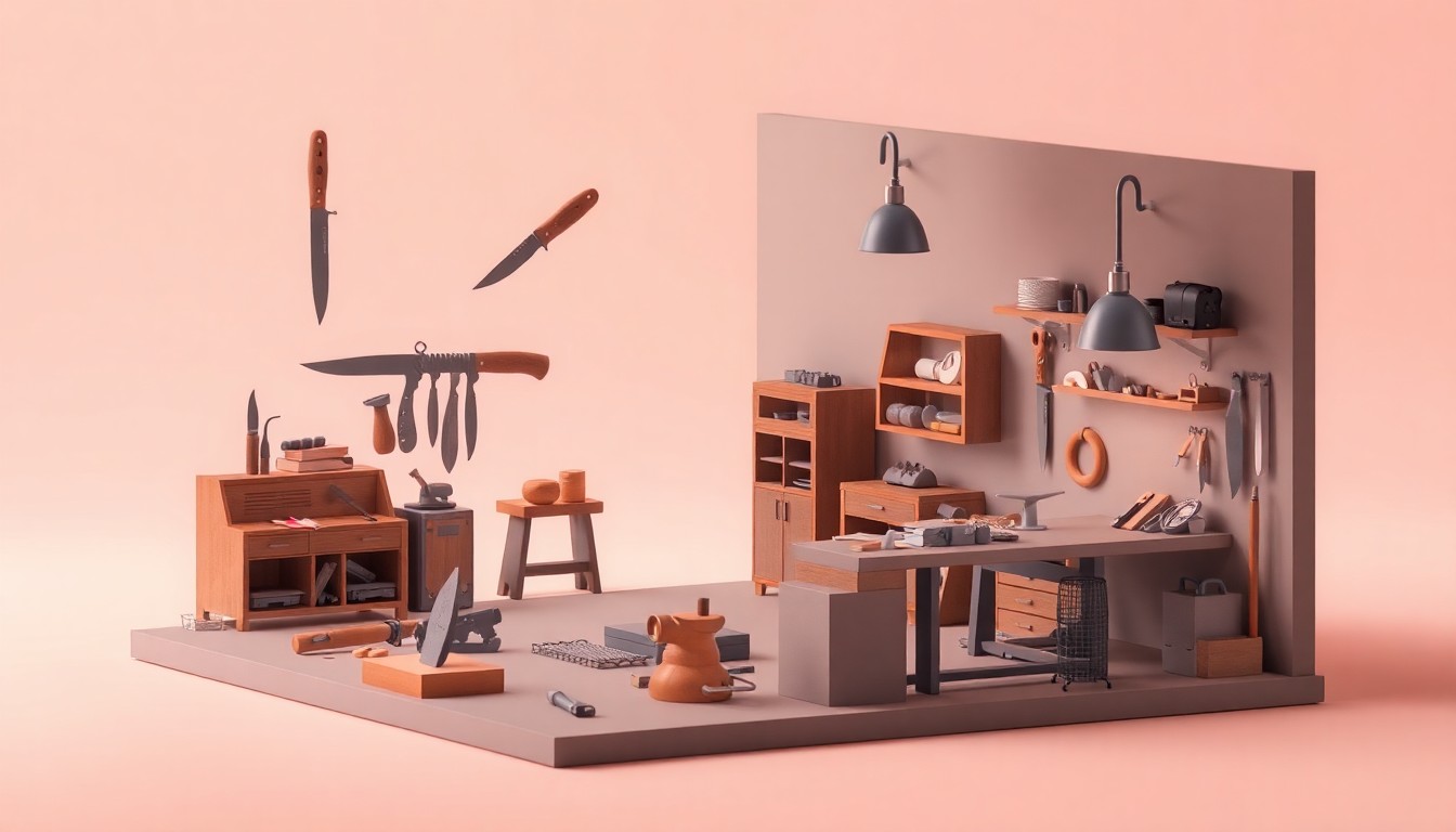 A clean, modern 3D illustration depicting a miniature, stylized knife manufacturing facility with various tools and equipment, representing the premium craftsmanship and attention to detail of Montana Knife Company's new facility.