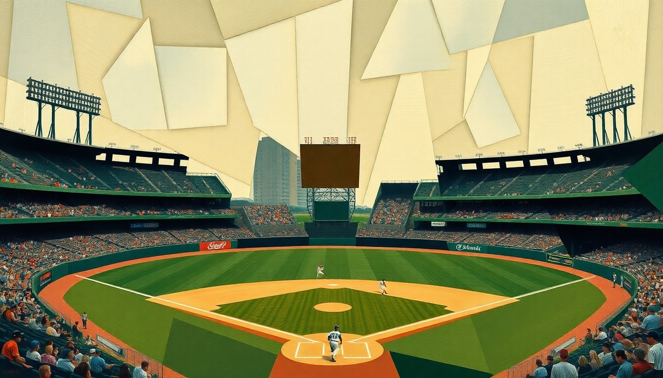 A fractured, multi-perspective painting in an abstract cubist style, depicting a baseball game reduced to sharp, overlapping geometric shapes in earthy tones, conveying the intensity and drama of the Prairie Stars' series against the Miners.