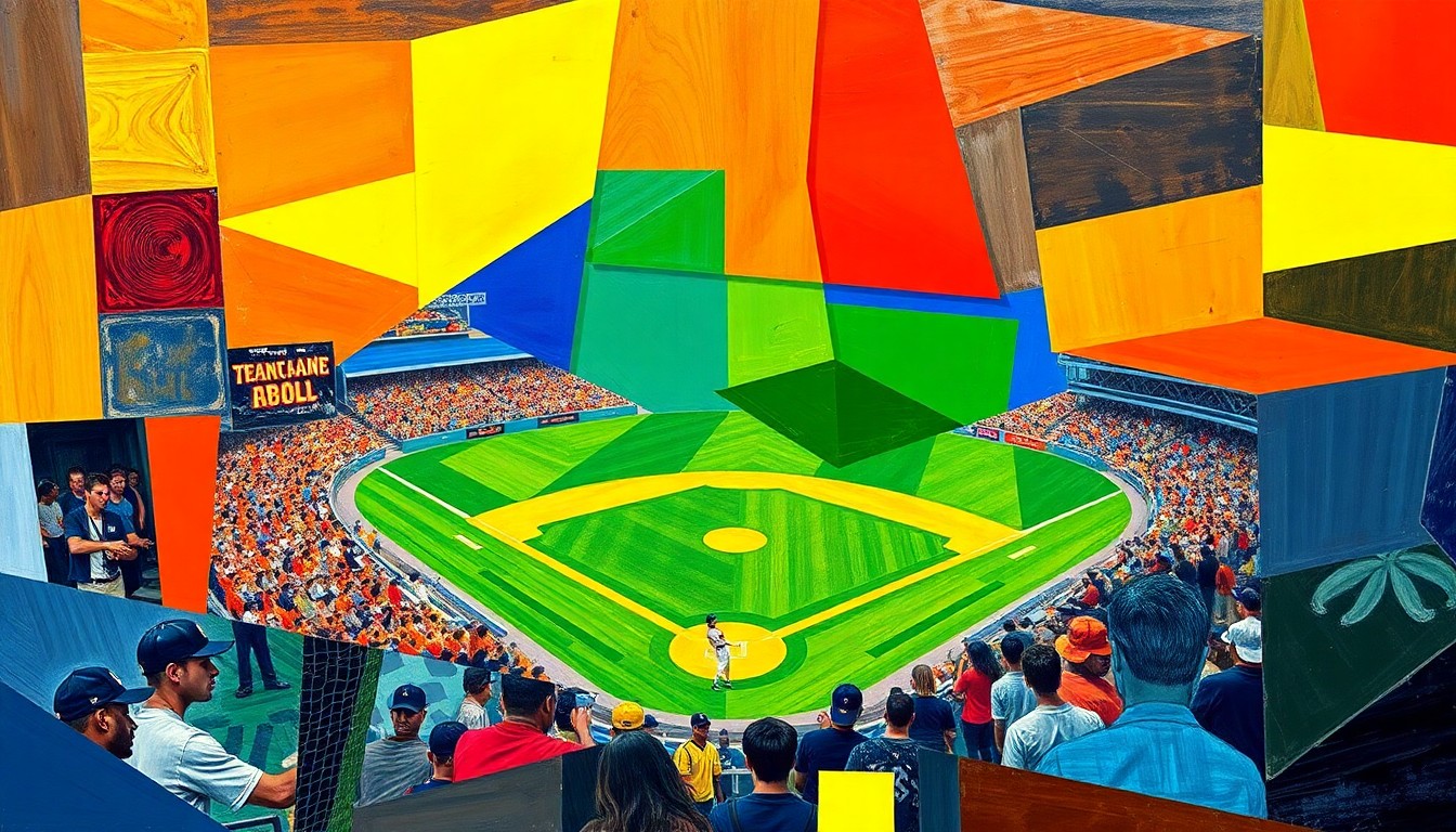 A vibrant, fragmented painting depicting a high school baseball game through sharp, overlapping geometric shapes and planes of color, conveying the raw energy and competitive spirit of the matchup.