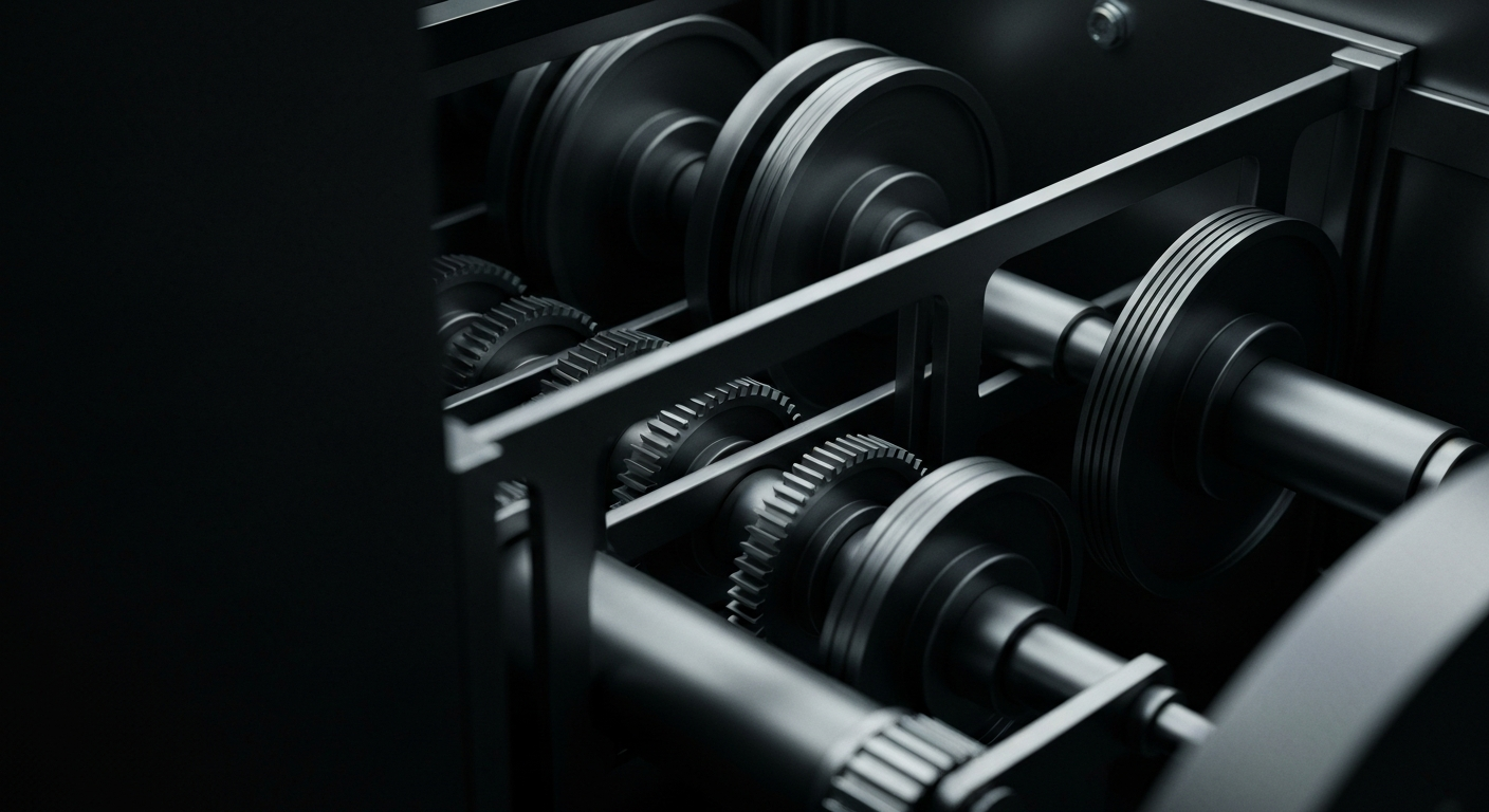 An extreme close-up of the inner workings of a Powerball lottery machine, with gears, pulleys, and mechanisms in motion, conveying the complex financial infrastructure behind the popular lottery game.