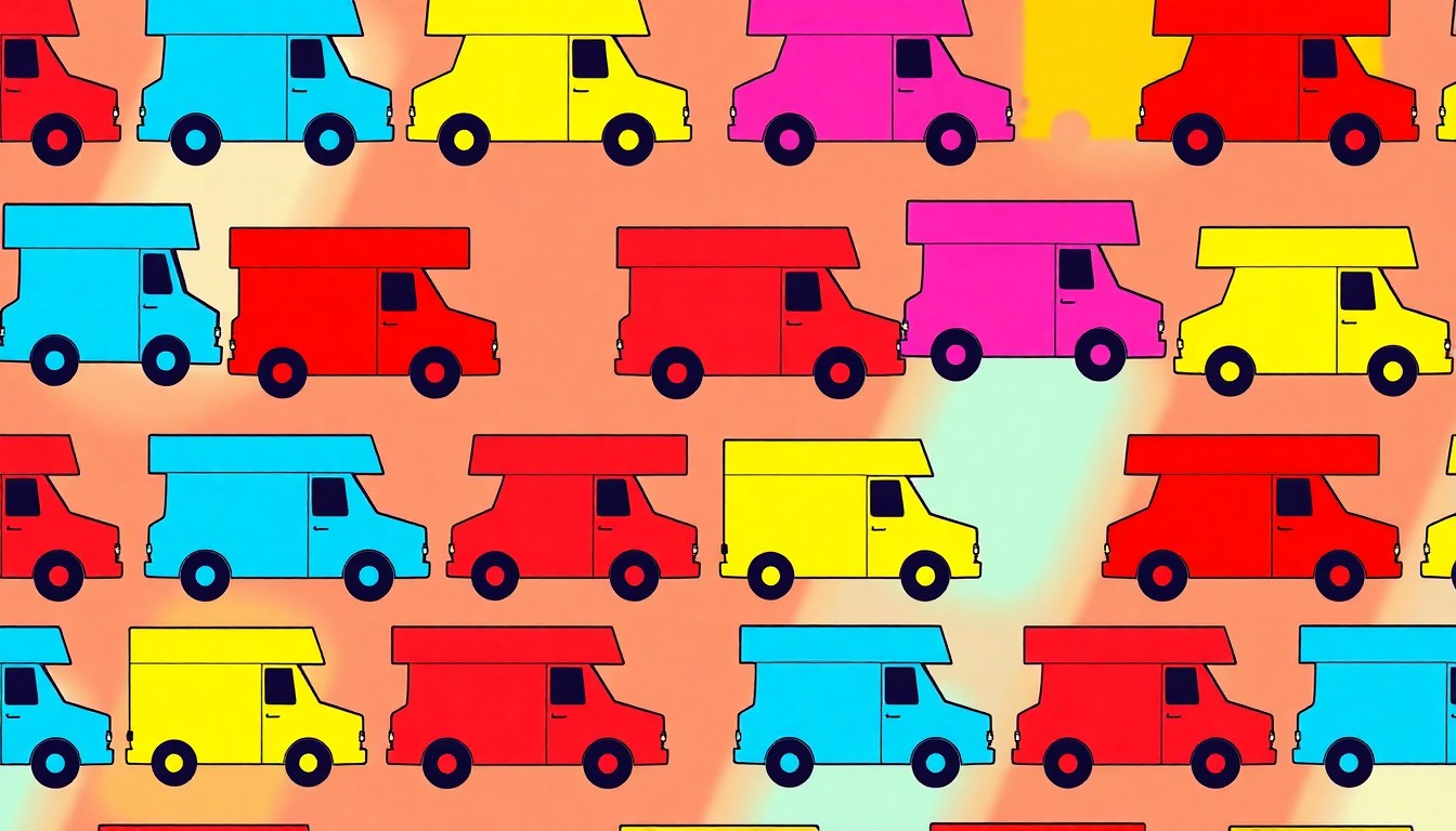 A bold, graphic illustration of a food truck icon repeated in a grid pattern, using bright neon colors and high contrast to capture the energy and community spirit of an outdoor night market event.