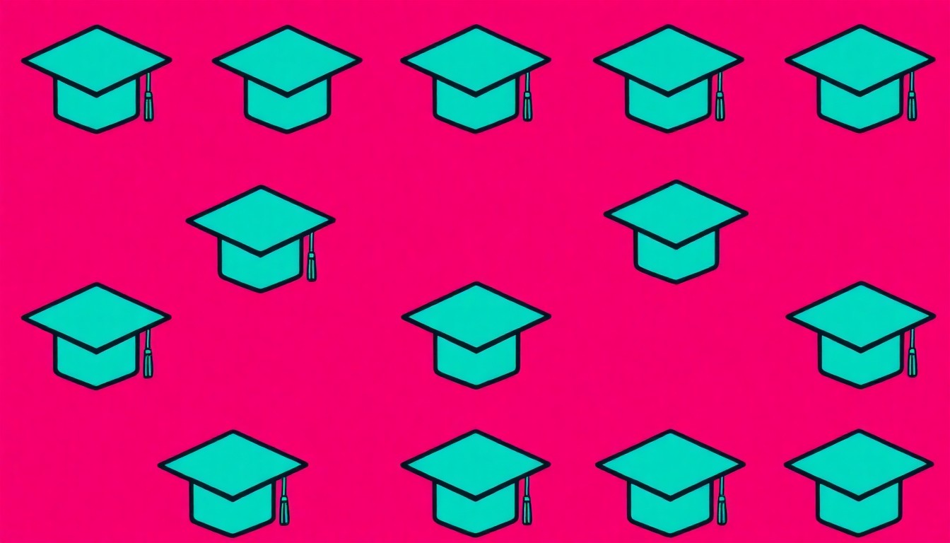 A bold, colorful silkscreen-style illustration featuring a repeating icon of a graduation cap in vibrant neon shades, conceptually representing the career-focused themes of the EmpowerU symposium.
