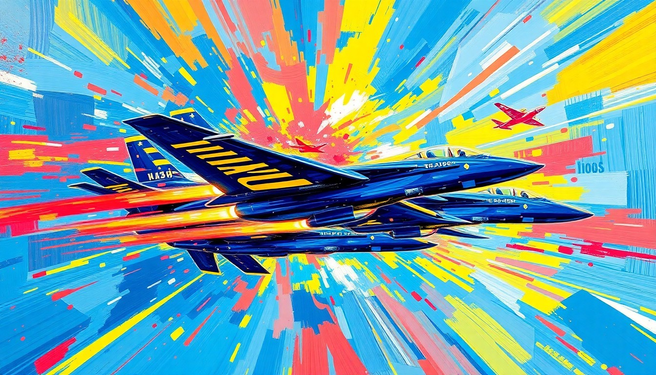 A colorful, abstract painting featuring bold, sweeping brushstrokes in neon shades of blue, yellow, and red, conveying the explosive energy and dynamic motion of the Blue Angels' aerial performance.