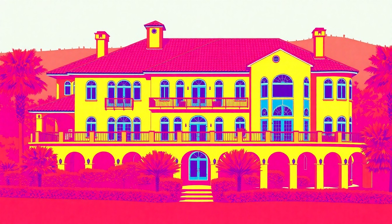 A brightly colored, high-contrast silkscreen print of a classic Hollywood-style mansion with a red tile roof, repeated in a tight grid pattern to create a bold, pop art-inspired editorial illustration.