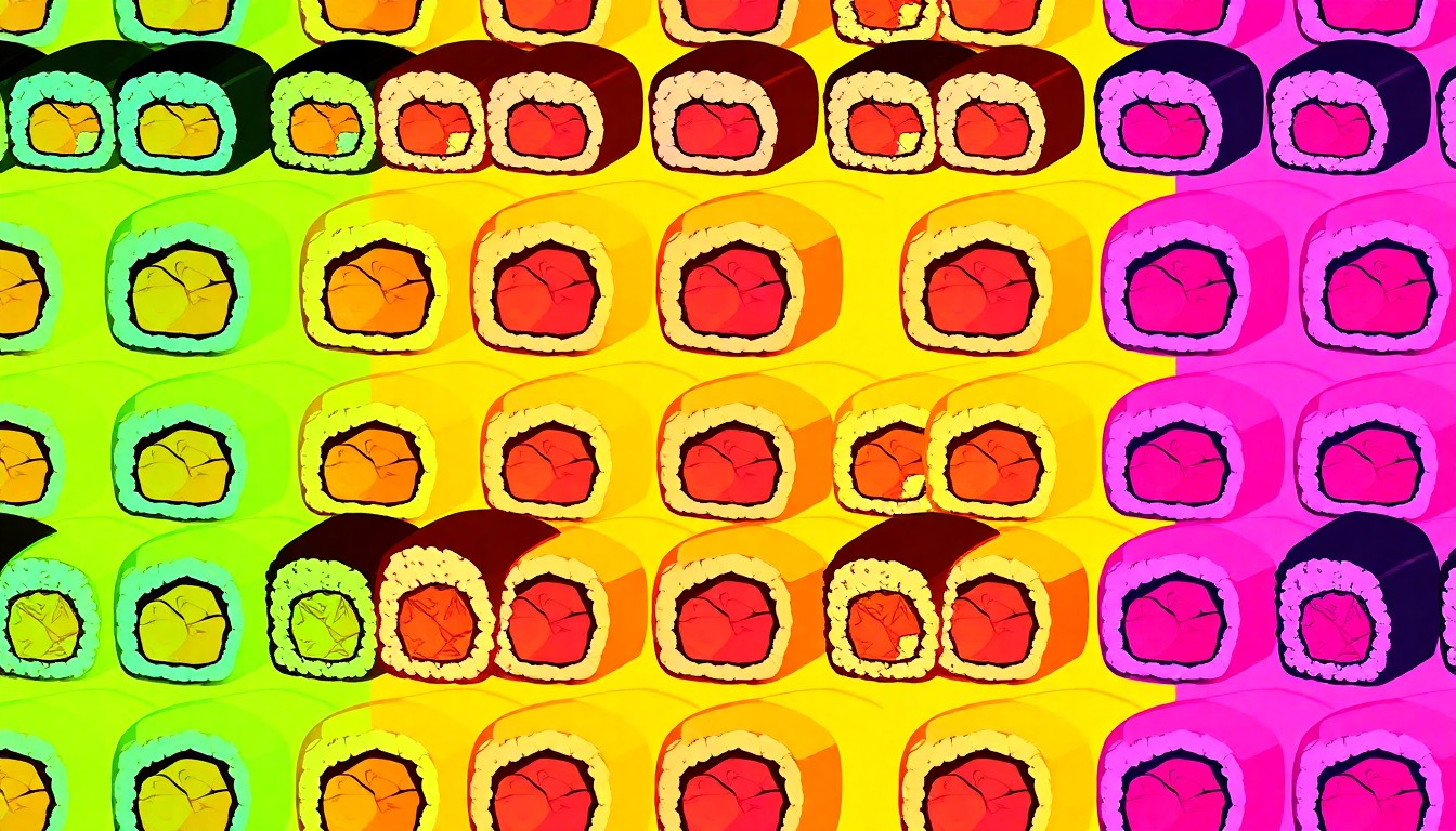 A brightly colored, high-contrast silkscreen print of a single, iconic sushi roll repeated in a tight grid pattern, conceptually representing the vibrant and creative sushi offerings at Todoroki Hibachi and Sushi.