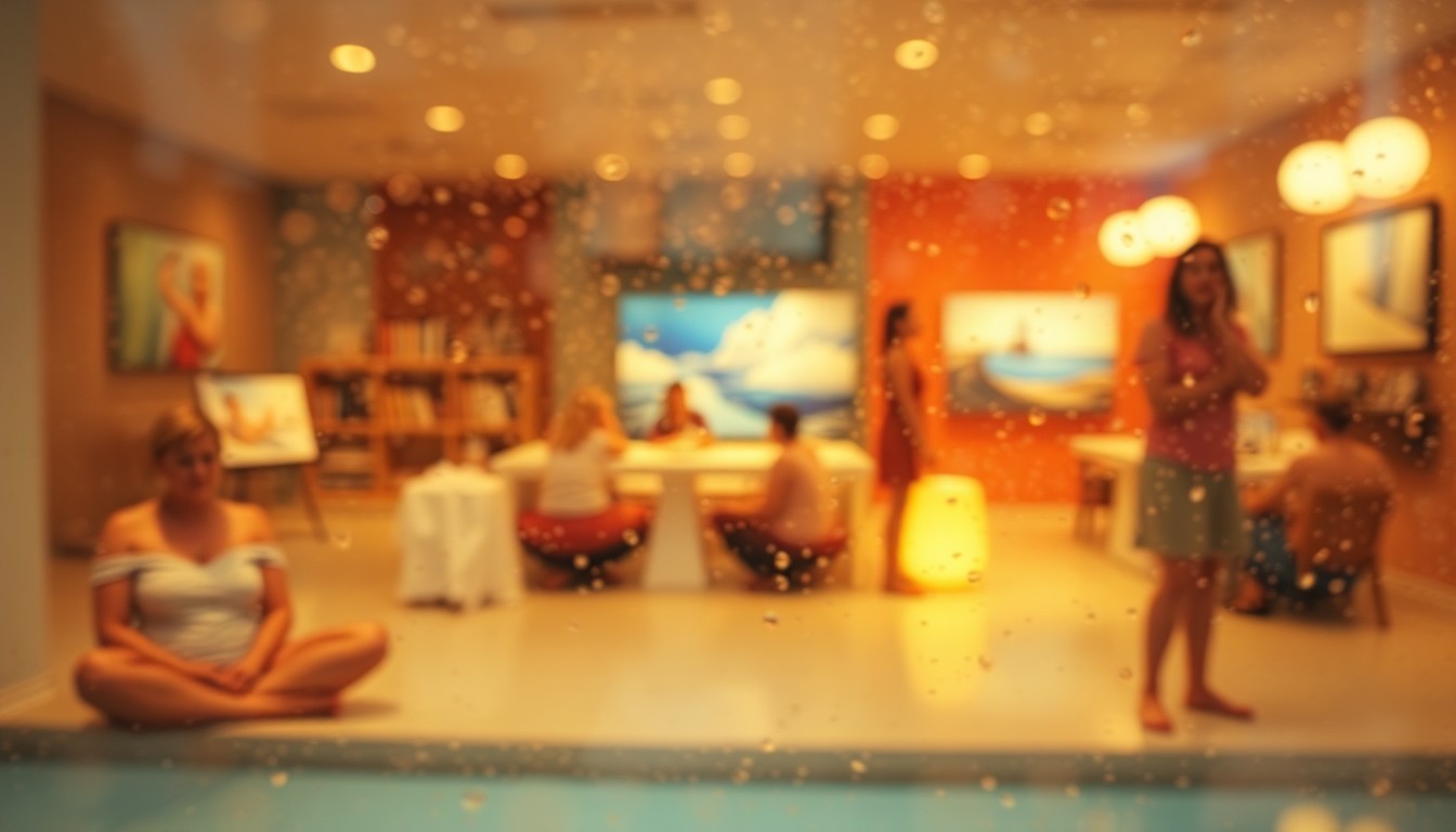 An abstract, out-of-focus photograph featuring blurred images of people engaged in various wellness and art activities, with soft pools of warm color and light creating a dreamlike, atmospheric scene.