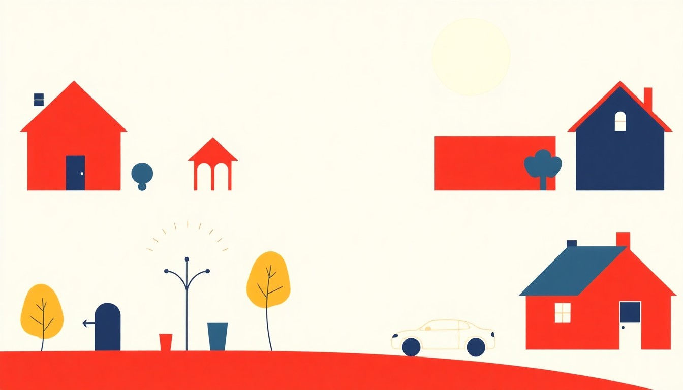 A minimalist composition of bold, overlapping geometric shapes in primary colors, conceptually representing the rising costs of essential goods and services in Seattle and Washington state.