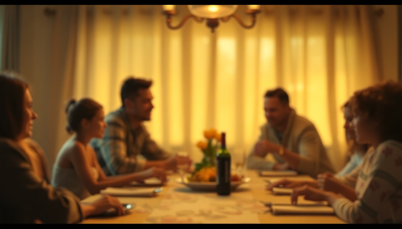 An extremely abstracted, out-of-focus photograph of a family gathered around a dining table, their forms and faces blurred in a soft, warm glow of muted colors, conceptually representing the importance of estate planning for protecting a family's future.
