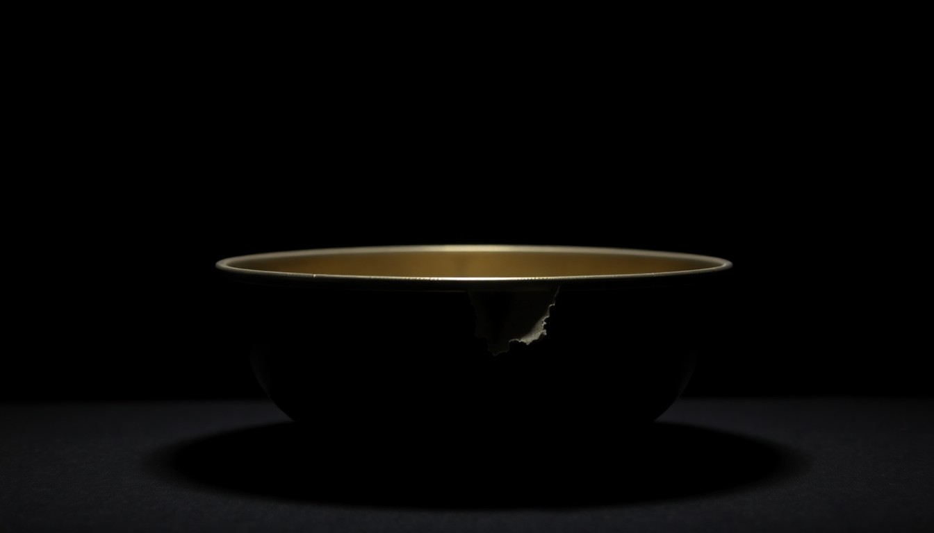 An extreme close-up photograph of a broken church offering plate or collection box, capturing the stark, gritty aftermath of a burglary with dramatic lighting and a stark, investigative aesthetic.