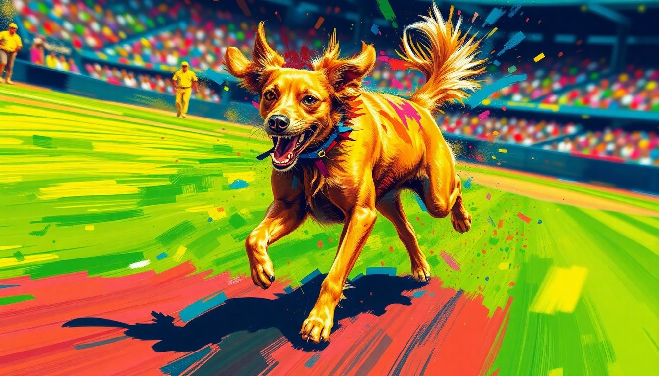 An extreme close-up of Omaha the bat dog, a golden retriever mix, captured in a vibrant, expressionist painting style with rapid brushstrokes and neon colors, conveying her raw athletic energy and playful movements as she retrieves a baseball bat on the field.