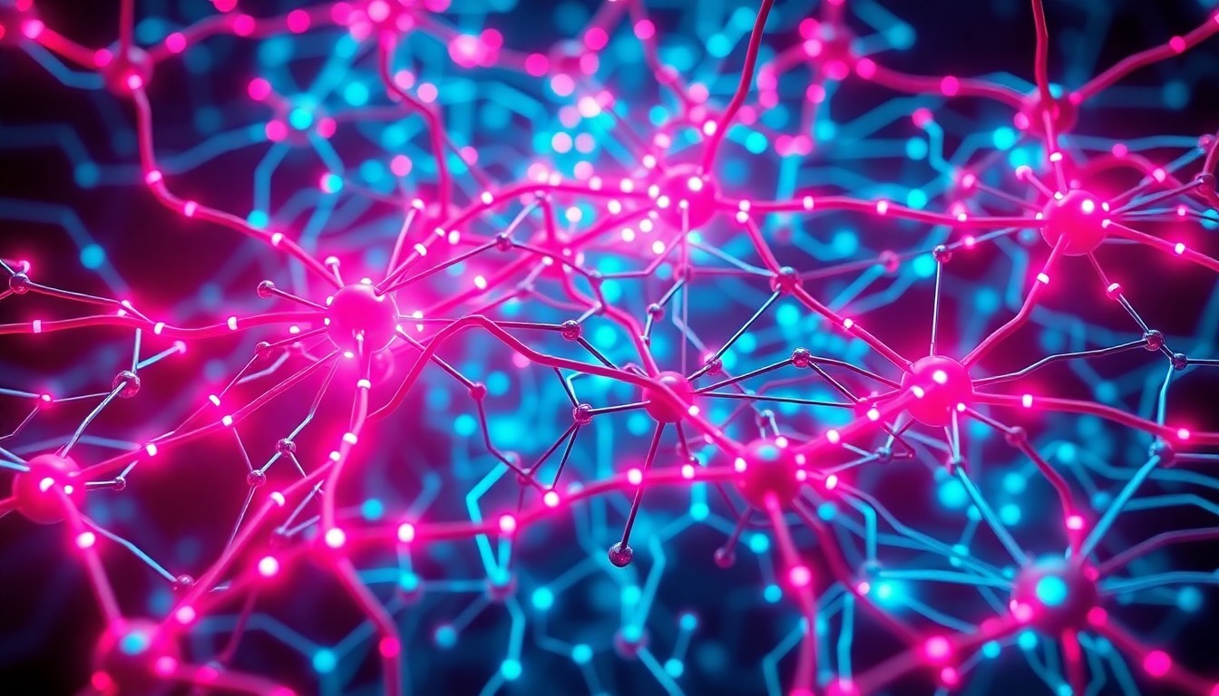 A highly detailed, glowing 3D macro illustration of a complex AI neural network infrastructure, with neon cyan and magenta lights illuminating the intricate web of interconnected nodes and circuits, conceptually representing the technological backbone powering ElevenLabs' rapid growth.