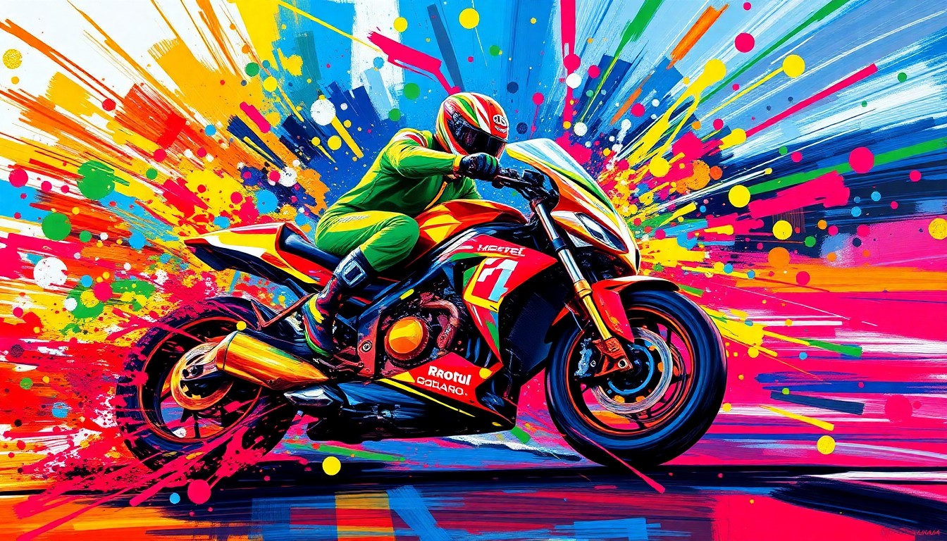 An abstract expressionist painting in neon colors, with rapid brushstrokes evoking the motion and energy of a motorcycle race, the rider's form dissolving into unrecognizable splatters of paint.