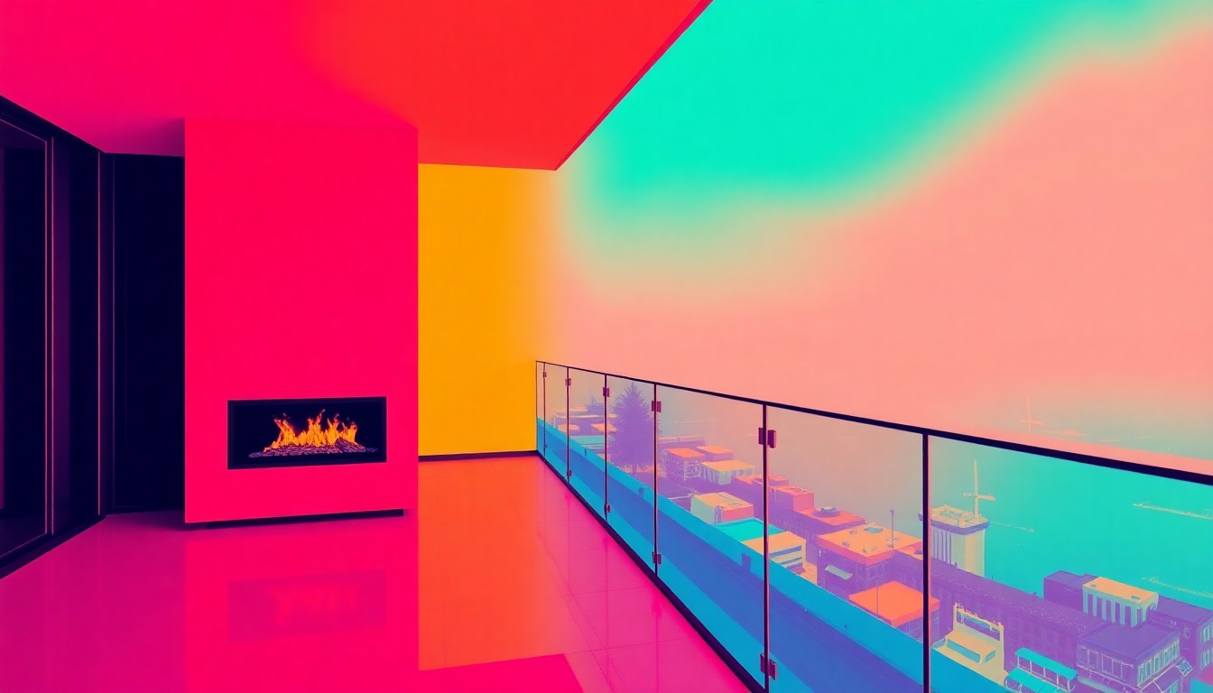 A bold, colorful silkscreen-style illustration featuring a repeated pattern of a sleek, modern glass balcony railing, conceptually representing the high-end design and architecture of an exclusive penthouse residence.