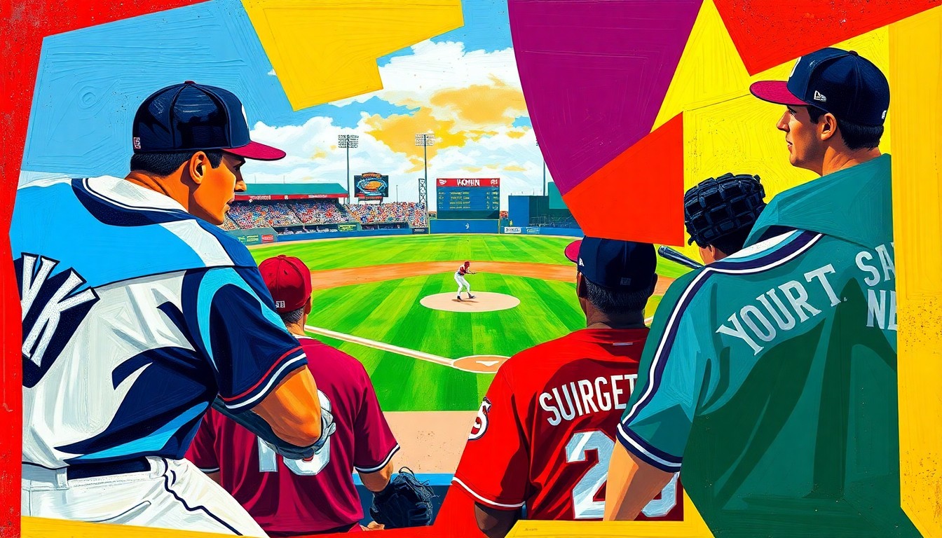 A fractured, geometric painting in vibrant colors depicting a baseball game in motion, with players and the field deconstructed into sharp, overlapping planes.