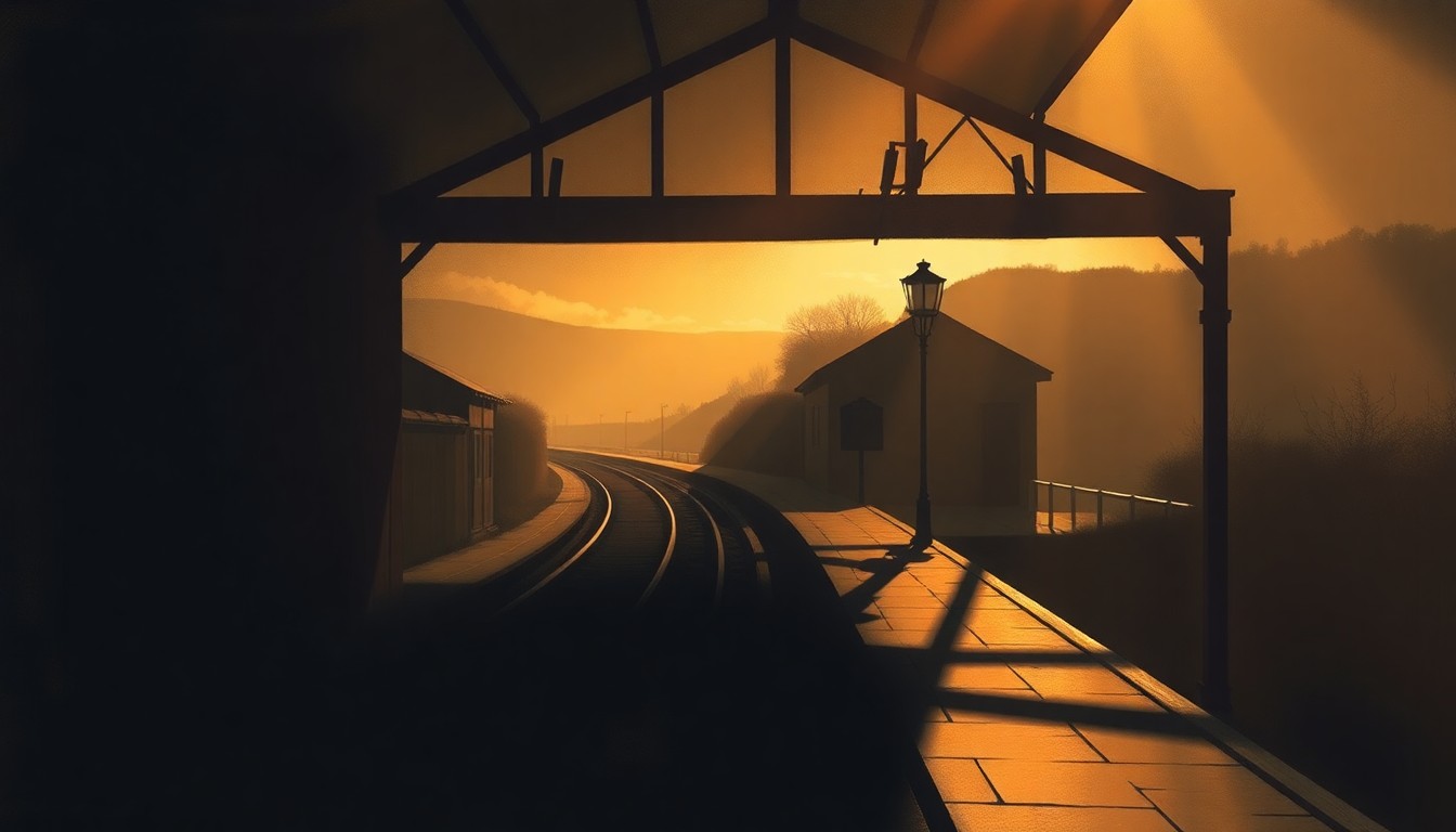 A serene, textured oil painting depicting an empty train platform at a rural Scottish train station, with warm sunlight casting long shadows across the scene, conceptually representing the improved transportation links between Fife and Dundee.